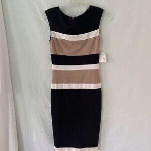 White House Black Market Striped Sheath Dress Black Tan White Sleeveless Size 00